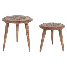 Beistelltisch 2er Set Dunkelbraun Mango Holz Rund Dreibeinig Geschnitzt Handgefertigt Boho Couchtisch Wohnzimmer Ausstattung Möbel Zubehör