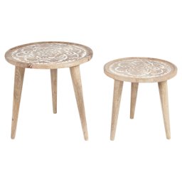 Beistelltisch 2er Set Hellbraun und Weiß Mango Holz Rund Dreibeinig Handgefertigt Handverziehrt Boho Couchtisch Wohnzimmer Ausstattung Möbel