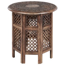 Beistelltisch Dunkelbraun Mango Holz ⌀ 53 cm Rund mit Säulenfuß Geschnitzt Rustikal Retro Wohnzimmer Diele Flur Schlafzimmer Esszimmer