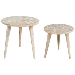 Beistelltisch 2er Set Hellbraun und Weiß Mango Holz Rund Dreibeinig Handgefertigt Handdekoriert Boho Couchtisch Wohnzimmer Ausstattung Möbel
