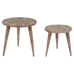 Beistelltisch 2er Set Dunkelbraun und Gold Mango Holz Rund Dreibeinig Geschnitzt Handgefertigt Boho Couchtisch Wohnzimmer Ausstattung Möbel
