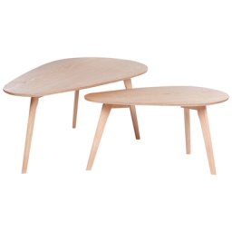 Couchtisch 2er Set Heller Holzfarbton MDF-Platte Oval mit Holzbeinen Modern Skandinavisch Kaffeetisch Holzoptik Wohnzimmer Schlafzimmer Möbel