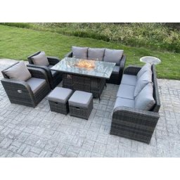 Outdoor Rattan Lounge Gartenmöbel Set Poly Rattan Sitzgruppe Gas Feuerstelle Esstisch 2 Liegende