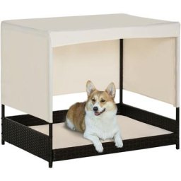 Rattan Hundehaus mit Kissen Hundebett mit Dach Hundeliege Hundehütte Haustierbett Hundesofa Kissen