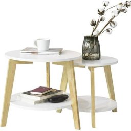 FBT75-W 2er Set Beistelltisch mit runden Ablagen Couchtisch Sofatisch Kaffeetisch Wohnzimmertisch