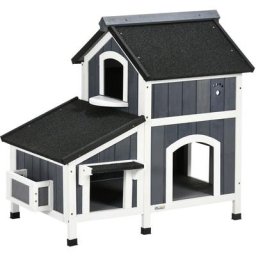 Outdoor-Katzenhaus, zweistöckig, Bodenabstand, Naturholz, Asphaltdach, grau, 96 x 65 x 85,5 cm