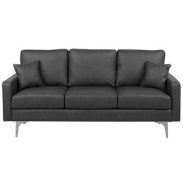 Sofa Dunkelgrau Kunstleder 3-Sitzer Klassisch Zierkissen Wohnzimmer