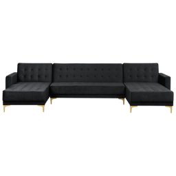 Ecksofa Schwarz Samtstoff U-Förmig Schlaffunktion für 5 Personen Modern Glamourös Schlafsofa Wohnzimmer Ausstattung Möbel
