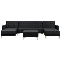 Ecksofa mit Ottomane Schwarz Samtstoff U-Förmig Schlaffunktion für 5 Personen Modern Glamourös Schlafsofa Wohnzimmer Ausstattung Möbel