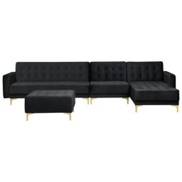 Sofa mit Ottomane Schwarz Samtstoff L-Förmig Linksseitig Schlaffunktion für 5 Personen Modern Glamourös Wohnzimmer Ausstattung Möbel