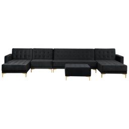 Sofa mit Ottomane Schwarz Samtstoff U-Förmig Wohnlandschaft Schlaffunktion für 6 Personen Modern Glamourös Wohnzimmer Ausstattung Möbel