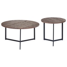 Couchtisch 2er Set Dunkelbraun MDF-Platte Rund Metallgestell Schwarz Industriell 2-Satz-Tisch Verschiedene Höhen Wohnzimmer Beistelltisch