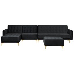 Sofa mit Ottomane Schwarz Samtstoff L-Förmig Rechtsseitig Schlaffunktion für 5 Personen Modern Glamourös Wohnzimmer Ausstattung Möbel