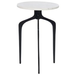 Beistelltisch Weiß Marmor und Aluminium Rund 36 cm mit Schwarzen Beinen Modern Glamourös Dreibeinig Wohnzimmer Ausstattung Möbel Blumenständer