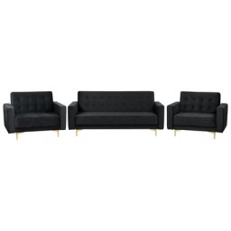 Sofa Set Schwarz Samtstoff 3-Teilig für 5 Personen Modern Glamourös 3-Sitzer Schlafsofa und 2 Sessel Wohnzimmer Ausstattung Möbel Sitzgruppe