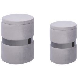 Pouf Hellgrau Samt mit Stauraum Rund Glänzendes Metall Flur Wohnzimmer Salon Schlafzimmer Deko Sitzhocker