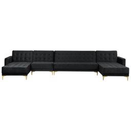 Sofa Schwarz Samtstoff U-Förmig Wohnlandschaft Schlaffunktion für 6 Personen Modern Glamourös Wohnzimmer Ausstattung Möbel