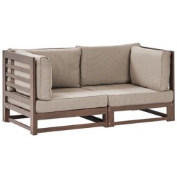 Gartensofa Mahagonibraun aus Akazienholz mit Auflagen in Taupe 2-Sitzer Sofa Retro Landhaus Stil Terrasse Outdoor Außenbereich