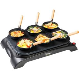 bestron Raclette AWS600, 6 Raclettepfännchen, 1000 W, Mini Wok Pfannen für 6 Personen, inkl. 6 Holzspatel & 1 Schöpflöffel