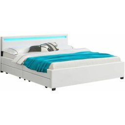 Led Polsterbett Lyon mit Bettkasten – Bettgestell aus Holz & Kunstleder mit Lattenrost – Doppelbett