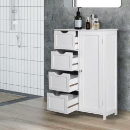 Badezimmerschrank - 4 Schubladen + Schranktür, Freistehend, Weiß, mdf, Verstellbare Regalebenen, 55
