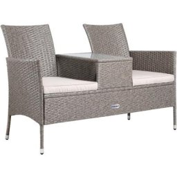 Poly Rattan Gartenbank 2 Sitzer Kino Bank Auflagen Glas Tisch Wetterfest Sitzbank Parkbank Garten