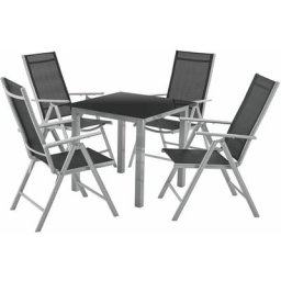 Aluminium Gartengarnitur Milano - Gartenmöbel Set mit Tisch und 4 Stühlen – Silber-Grau mit