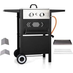 Gasgriddle Grill aus Edelstahl, 2 Brenner, 5.8kW, Gas Grillwagen mit Beistelltische und Abdeckung,
