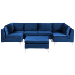 Modulares Sofa U-Form mit Ottomane Blau Polsterbezug aus Samtstoff Metallbeine Wohnzimmer Salon Wohnlandschaft