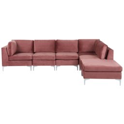 Modulares Ecksofa mit Ottomane linksseitig Rosa Polsterbezug aus Samtstoff 5-Sitzer mit Metallgestell Silber Wohnzimmer Salon Möbel