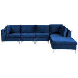 Modulares Ecksofa mit Ottomane linksseitig Blau Polsterbezug aus Samtstoff 5-Sitzer mit Metallgestell Silber Wohnzimmer Salon Möbel