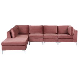 Modulares Ecksofa mit Ottomane rechtsseitig Rosa Polsterbezug aus Samtstoff 5-Sitzer mit Metallgestell Silber Wohnzimmer Salon Möbel