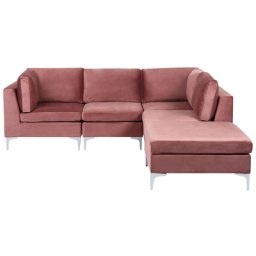 Modulares Ecksofa mit Ottomane linksseitig Rosa Polsterbezug aus Samtstoff 4-Sitzer mit Metallgestell Silber Wohnzimmer Salon Möbel
