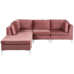 Modulares Ecksofa mit Ottomane rechtsseitig Rosa Polsterbezug aus Samtstoff 4-Sitzer mit Metallgestell Silber Wohnzimmer Salon Möbel