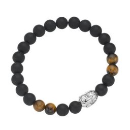 Giorgio Martello Milano Armband Tigerauge + schwarze Achat Kugeln mit Buddha-Kopf, Silber 925 Armbänder & Armreife Schwarz Damen