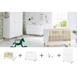 Pinolino® Babyzimmer-Komplettset Pan, (Set, 4-St., Kinderbett, Wickelkommode, Schrank, Wandregal), extrabreit groß, mit Kinderbett, Wickelkommode, Schrank und Wandregal