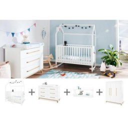 Pinolino® Babyzimmer-Komplettset Hilda & Riva, (Set, 4-St., Hausbett, Wickelkommode, Kleiderschrank, Wandregal), extrabreit, Hausbett, Wickelkommode, 3-trg. Kleiderschrank & Wandregal