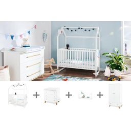 Pinolino® Babyzimmer-Komplettset Hilda & Pan, (Set, 4-St., Hausbett, Wickelkommode, Kleiderschrank, Wandregal), breit, mit Hausbett, Wickelkommode, 2-trg. Kleiderschrank & Wandregal
