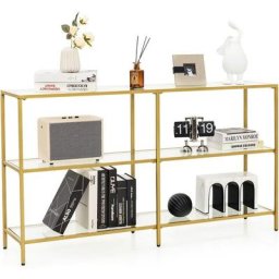 130cm Konsolentisch aus Glas, 3 Ebenen Glastisch mit goldenem Metallrahmen, Flurtisch für Eingang
