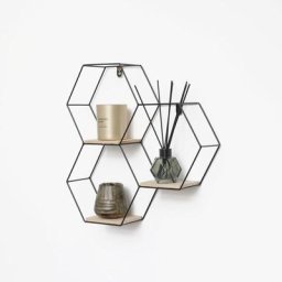 Wabenförmiges Wandregal aus Metall - 3 Holzböden - 40,5 x 41 cm - Schwarz