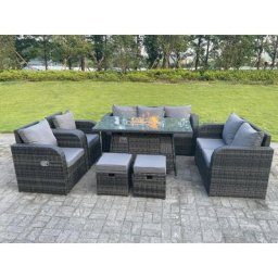 Dunkelgrau Gemischt Rattan Outdoor Gartenmöbel Gas Feuerstelle Brenner Tisch Sets Gas Heater Lounge