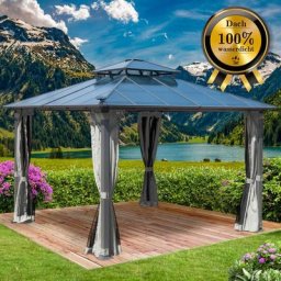 Pavillon Aluminium Pagode 3,5x3,5m Hellgrau inkl. Moskitonetz + led festes Dach wasserdicht stabil