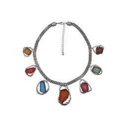 Steuer Lange Kette Breite Metall Kette altsilberfarben mit 7 bunten Glassteinen
