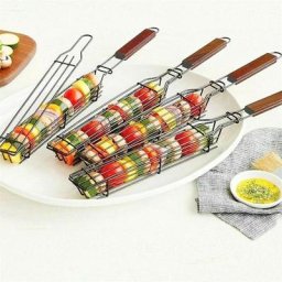 2 Stück Grillkorb mit Verriegelungsgitter Langer Holzgriff Edelstahl Antihaft-Grillkorb Fisch