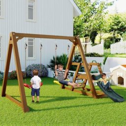 Merax - Doppelschaukel Kinderschaukel aus Holz, Gartenschaukel mit Rutsche und Leiter für Kinder,
