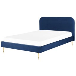 Bett Blau Samtstoff mit Lattenrost 160 x 200 cm Metallfüße Gold hohes Kopfteil Retro Glamourös Polsterbett Doppelbett Schlafzimmer