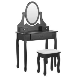 Schminktisch Schwarz und Weiß MDF-Platte mit Holzbeinen Ovalem Spiegel 3 Schubladen Hocker Glamour für Erwachsene Schlafzimmer Jugendzimmer