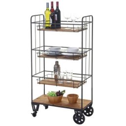 Servierwagen HWC-D78, Regal Küchenhelfer Barwagen Metallregal mit Hängekörben, 4 Ebenen Tanne Holz Vintage 120x67x32cm ~ Variantenangebot