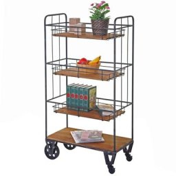 Rollregal HWC-D78, Regak Rollwagen Bücherregal Metallregal mit Hängekörben, 4 Ebenen Tanne Holz Vintage 120x67x32cm ~ Variantenangebot