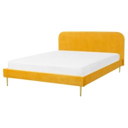 Bett Gelb Samtstoff mit Lattenrost 160 x 200 cm Metallfüße Gold hohes Kopfteil Retro Glamourös Polsterbett Doppelbett Schlafzimmer